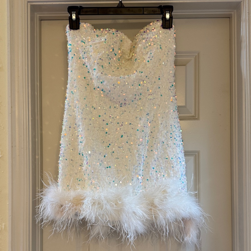 Strapless White Sequin Feather Hem Dress
